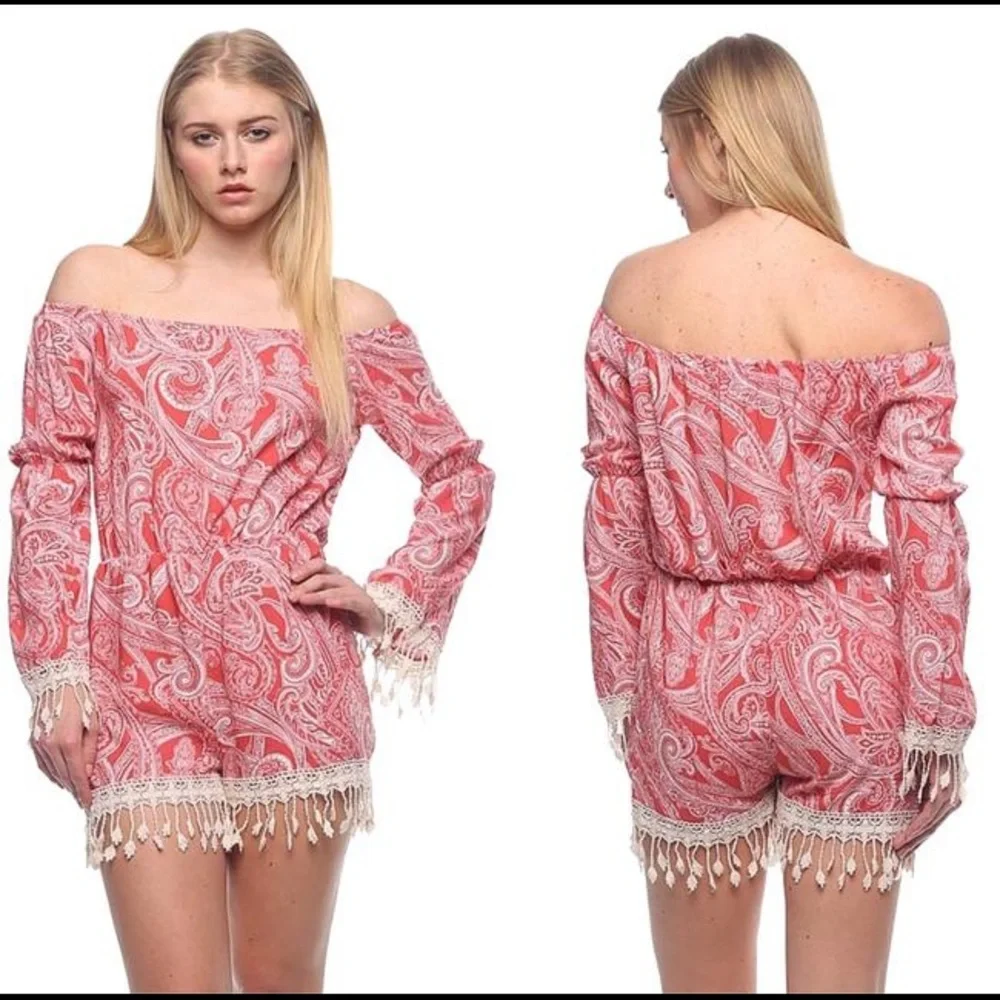 See‎ You Monday Sz XL Coral Paisley Bell Sleeve Fringe Boho Romper Cottagecore
